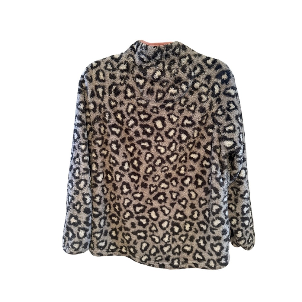 Cozy Leopard Print Half-Zip Sherpa Pullover - Gray with Pink Trim - Picture 2 of 4
